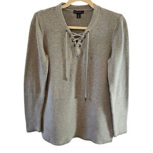 TRIBAL LIGHT GRAY 100% COTTON SWEATER FRONT LACE UP V NECKLINE SIDE SLIT MEDIUM